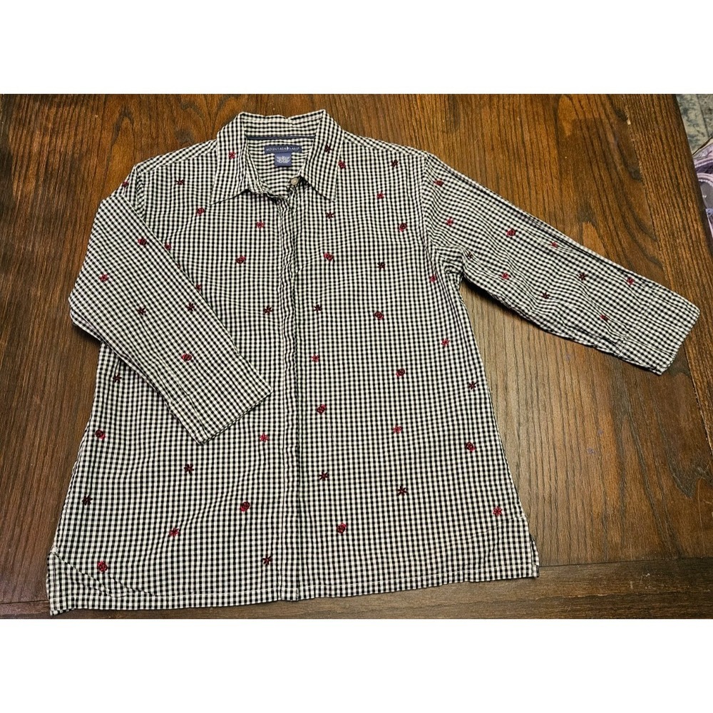 Mountain Lake Womens M Gingham Button Up Shirt Black White Check Red Embroidered